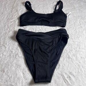 Cupshe Black Ribbed High Waisted Bikini Set Keyhole Top Crossover Bottom Medium